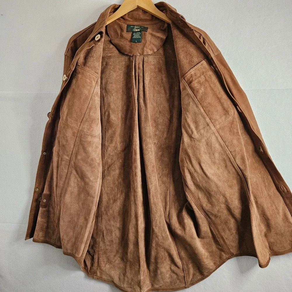 Orvis Mens Brown 100% Leather Suede Button Down Shirt Jacket Large Ecuador